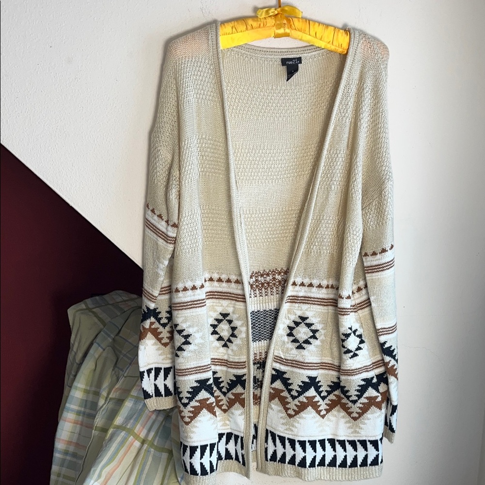 Rue 21 Beige Aztec Southwestern‎ Print Long Open Front Cardigan Sweater Size S